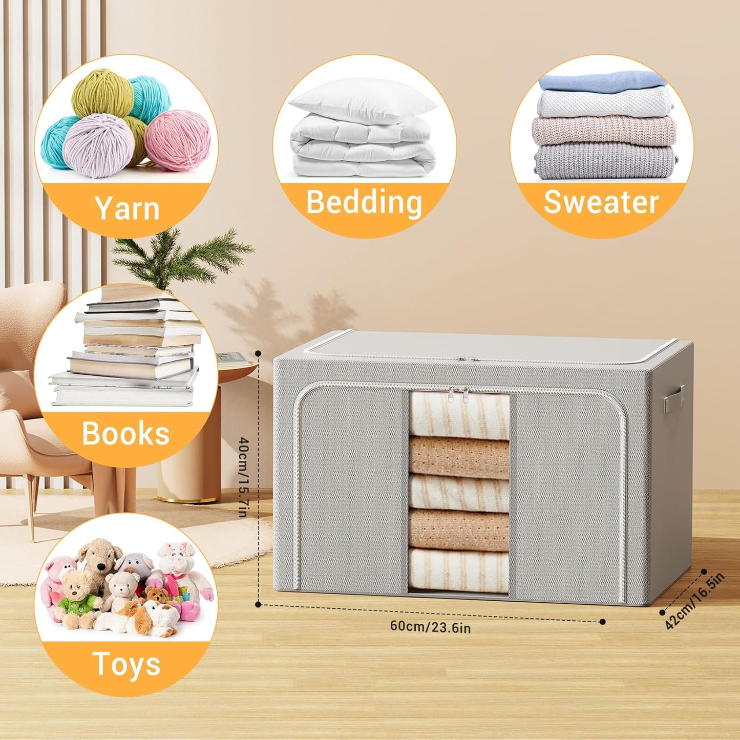 Clothes Storage Bins with Metal Frame Foldable Storage Box Clothes Organizers Storage Containers for Clothes Sheets Blankets Books Toys Gifts and Holiday Decorations (100Lx3 Pack)