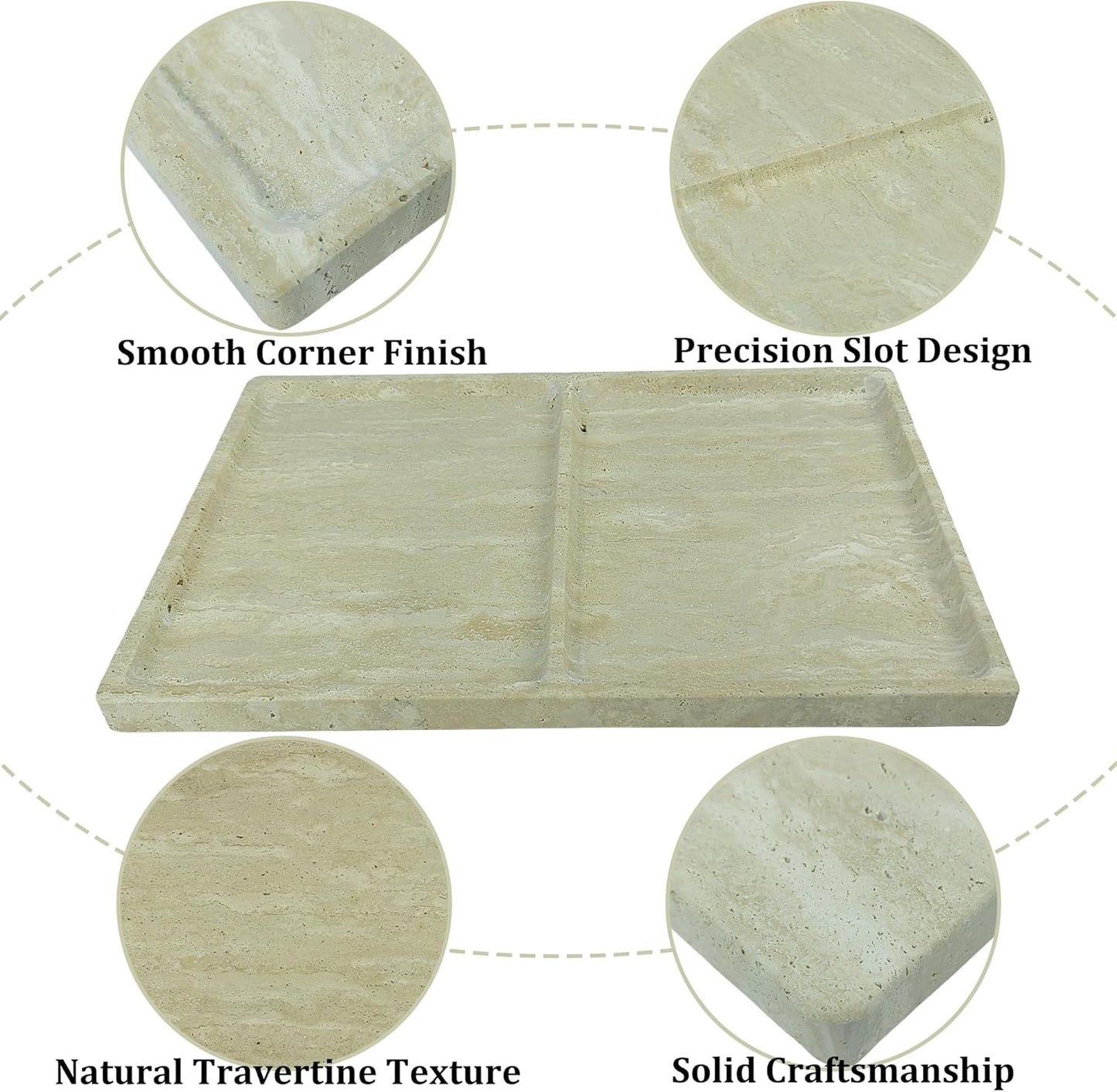 11.81"x7.87" Roman Travertine Decorative Tray - 2 Compartments Functional Storage Vanity Organizer for Bathroom Kitchen Office, Beige