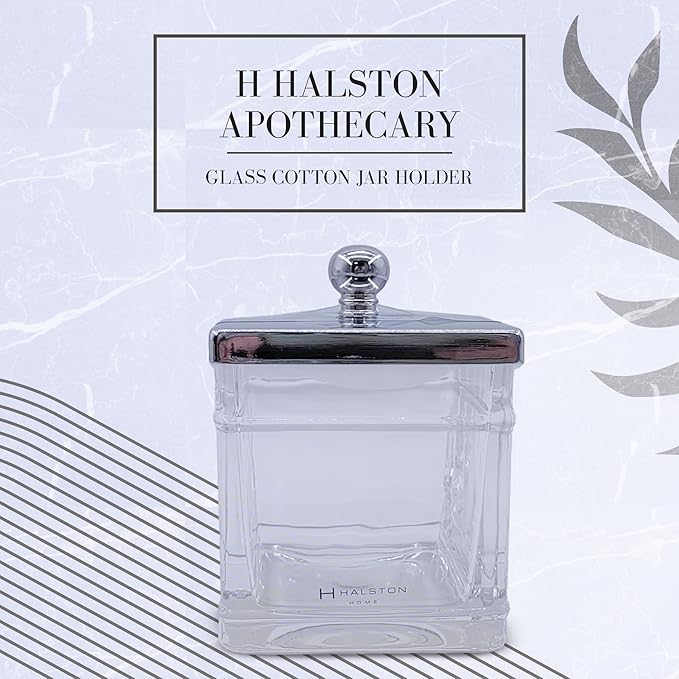 Apothecary Glass Cotton Jar Holder Silver Stainless Steel Lid, Elegant Bathroom Storage Canister for Qtips, Cotton Balls, Floss, Makeup Organizer, Vanity Bathroom Organization