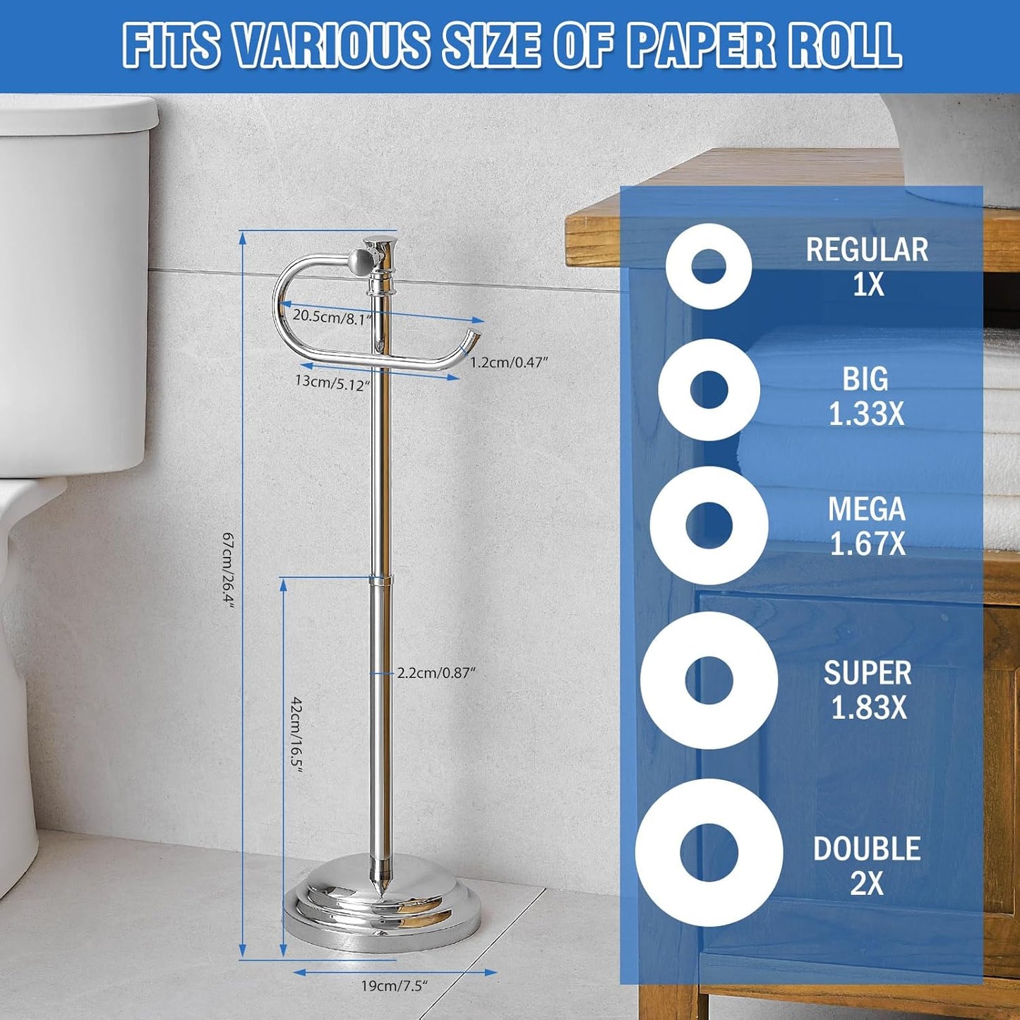 RUMOSE Toilet Paper Holder Stand for Floor, Polished Chrome Adjustable (12.4" to 22.8") Bathroom Toilet Tissue Holder, Free Standing Toilet Paper Roll Holder with Storage, Stainless Steel