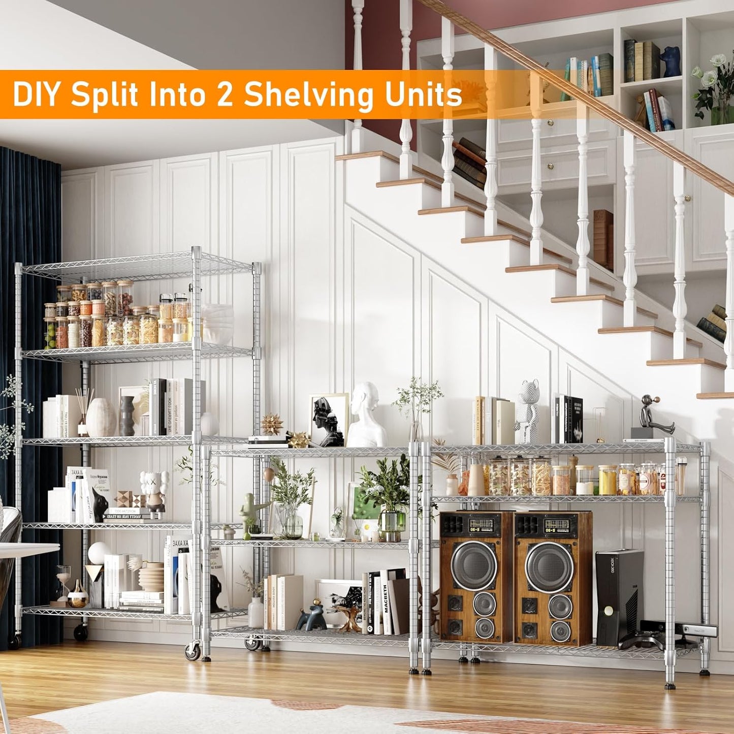 Himimi 5-Tier Heavy Duty Steel Wire Rack Storage Shelving, Adjustable Metal Storage Shelves with Wheels, 82''H Wire Shelf for Kitchen Garage Basement Pantry Organization, 18" D×36" W×82" H-Silver