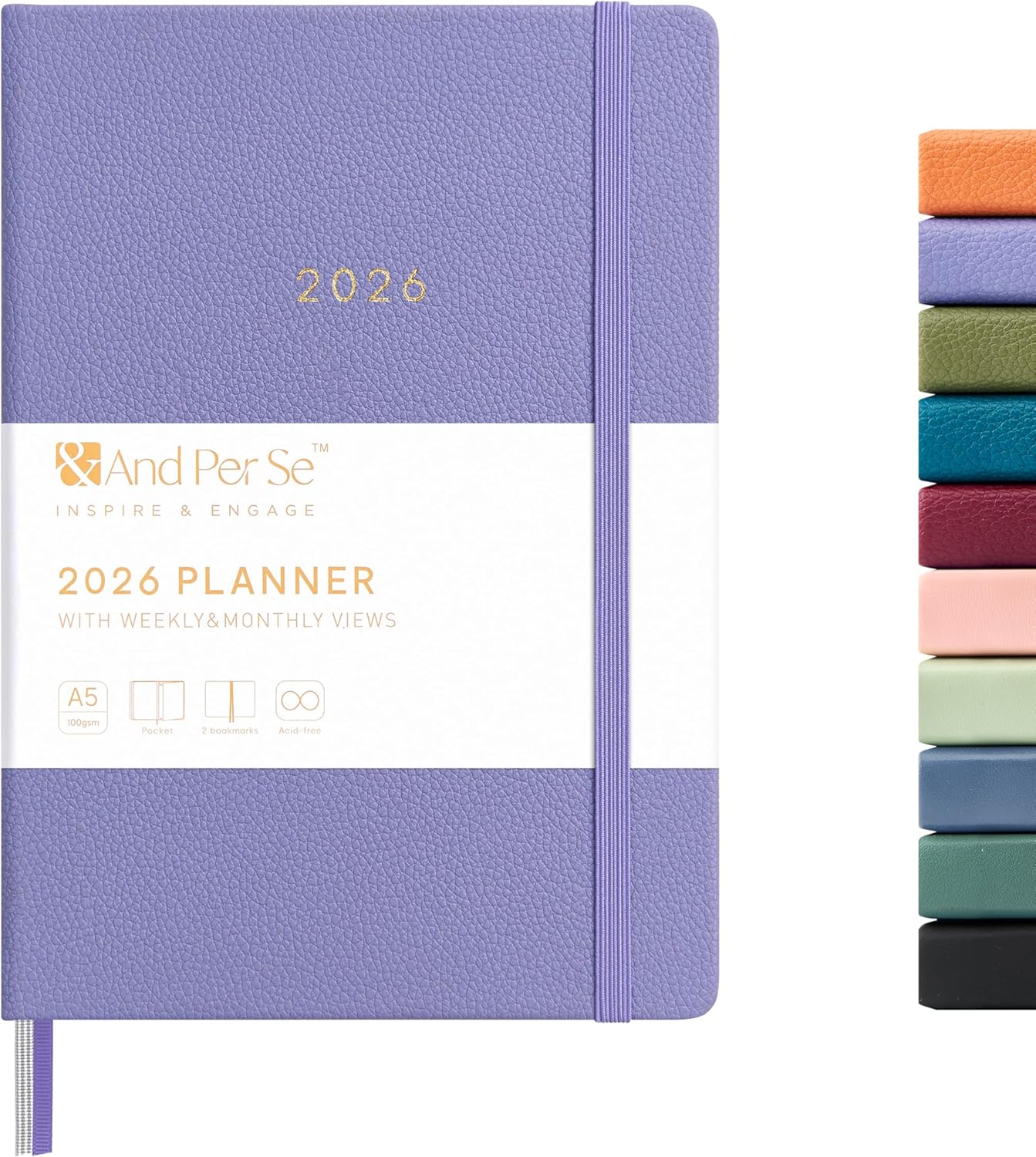 And Per Se 2026 Planner-Daily, Weekly & Monthly Leather Hardcover Planner, 5.7" x 8", Daily Schedule, Monthly Tabs, 100 GSM Thick Paper, Back Pocket(Lavender)