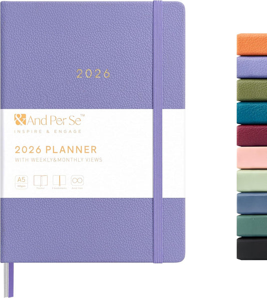 And Per Se 2026 Planner-Daily, Weekly & Monthly Leather Hardcover Planner, 5.7" x 8", Daily Schedule, Monthly Tabs, 100 GSM Thick Paper, Back Pocket(Lavender)
