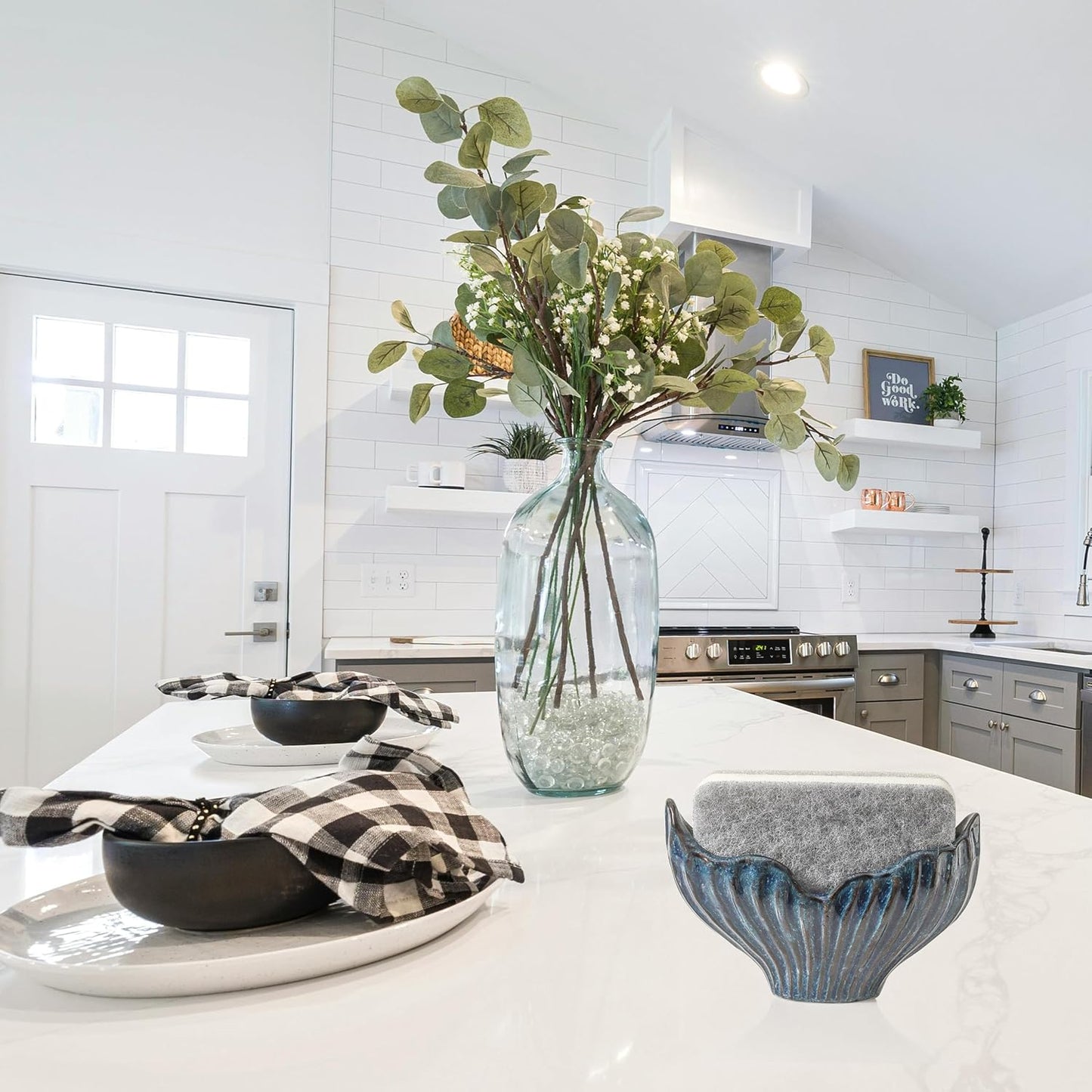 Sponge Holder for Kitchen Sink, Ceramic Sponge Holder with Fishtail Design, Sink Sponge Holders Caddy Organizer for Countertop, Farmhouse Kitchen Decor, Compact Sponge Holders(Blue)