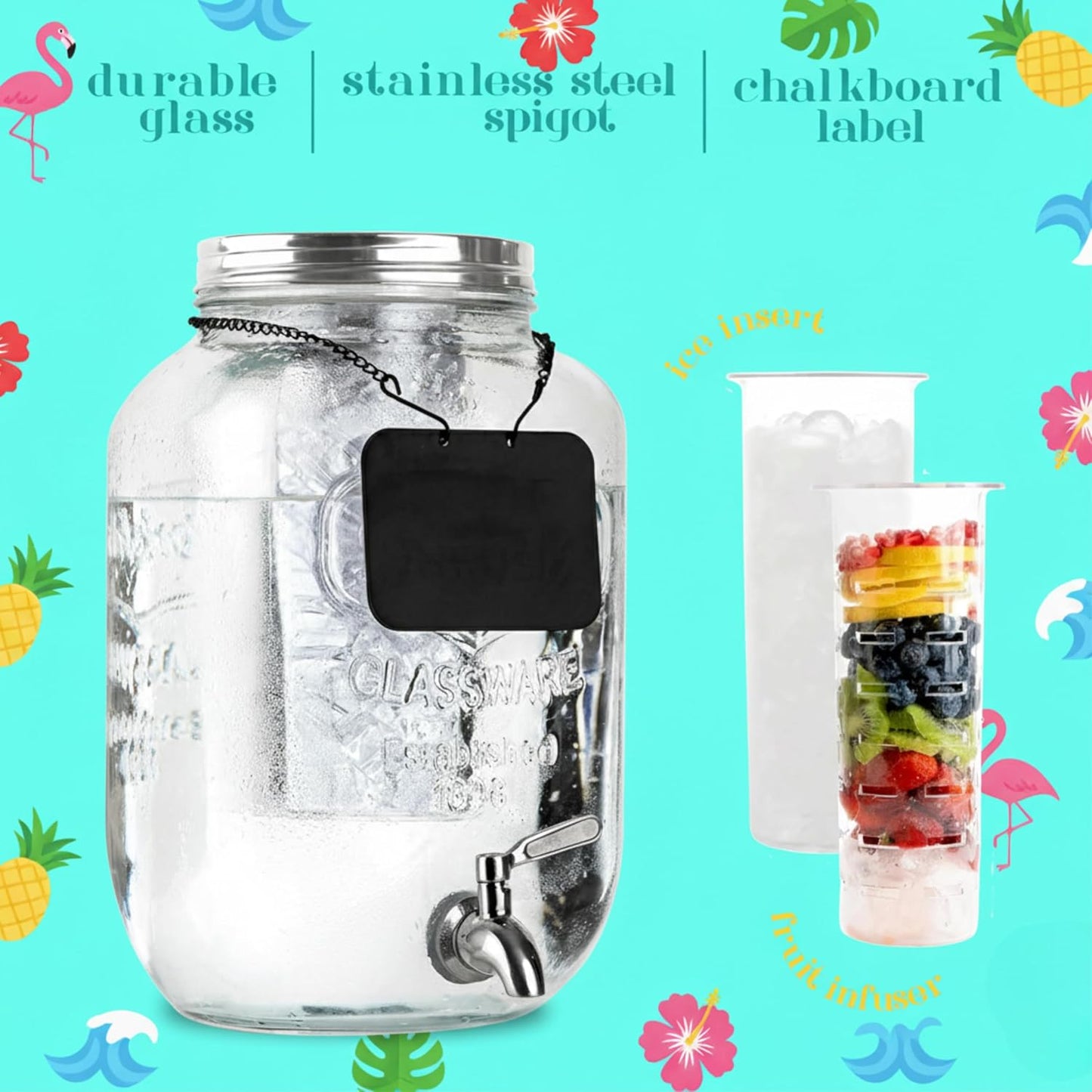 2 Gallon Extra Large Iced Beverage Dispenser with Ice & Fruit Infusers – Glass Mason Jar Drink & Beverage Container with Stainless Spigot
