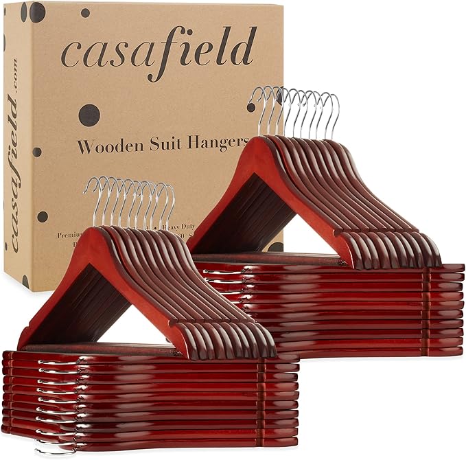 Casafield - 40 Cherry Wooden Suit Hangers - Premium Lotus Wood with Notches & Chrome Swivel Hook for Dress Clothes, Coats, Jackets, Pants, Shirts, Skirts