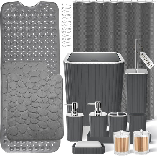 26PC Bathroom Accessories Set - Gorgeous Grey Bathroom Set, Bathroom Accessory Set, Shower Curtain Set with Bathtub Mats for Shower Tub, Trash Can & Soap Dispenser