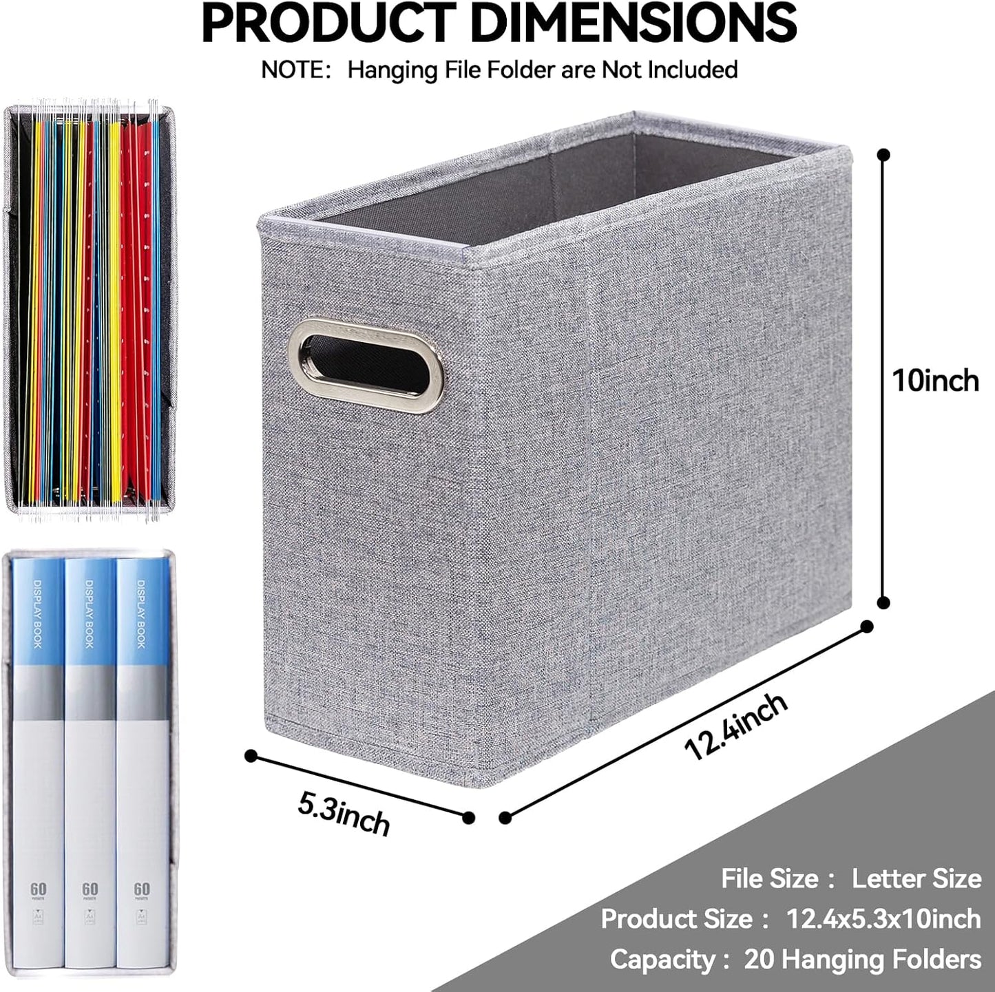 2 Packs Letter Size File Organizer, File Folders Organizer, Fabric Storage Box, Collapsible Paper Organizer with Metal Handle, Smooth PVC Rails, Only Box (Gray)