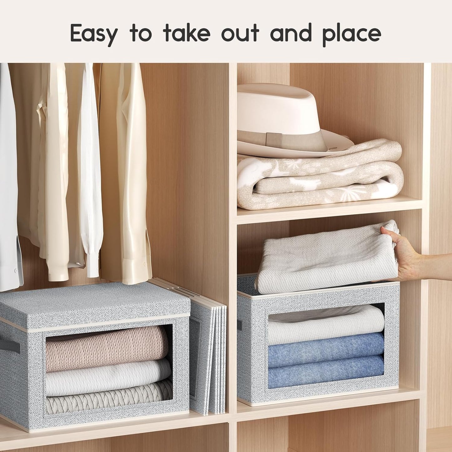 Collapsible Storage Bins with Lids - Stackable Storage Containers with Window, 3 Pack Fabric Bins for Closet, Home & Office Organization Baskets, Light Gray, 14.9" x 9.8" x 9.8"