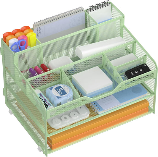 Docnest 3 Tier Mesh Desk Organizer for Paper Office Supplies – Multi-Functional Letter Tray with 5 Adjustable Compartments, 3 Pen Holders, Desktop Storage for Files, Mail, Stationery – Green
