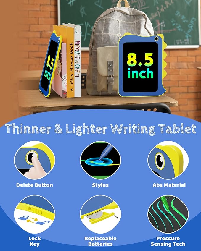 TEKFUN LCD Writing Tablet for Kids, Doodle Board Dinosaur Toys, Travel Essentials Toys for 3 4 5 6 Year Old Boys Girls, Easter Birthday Christmas Gifts (8.5inch Blue)
