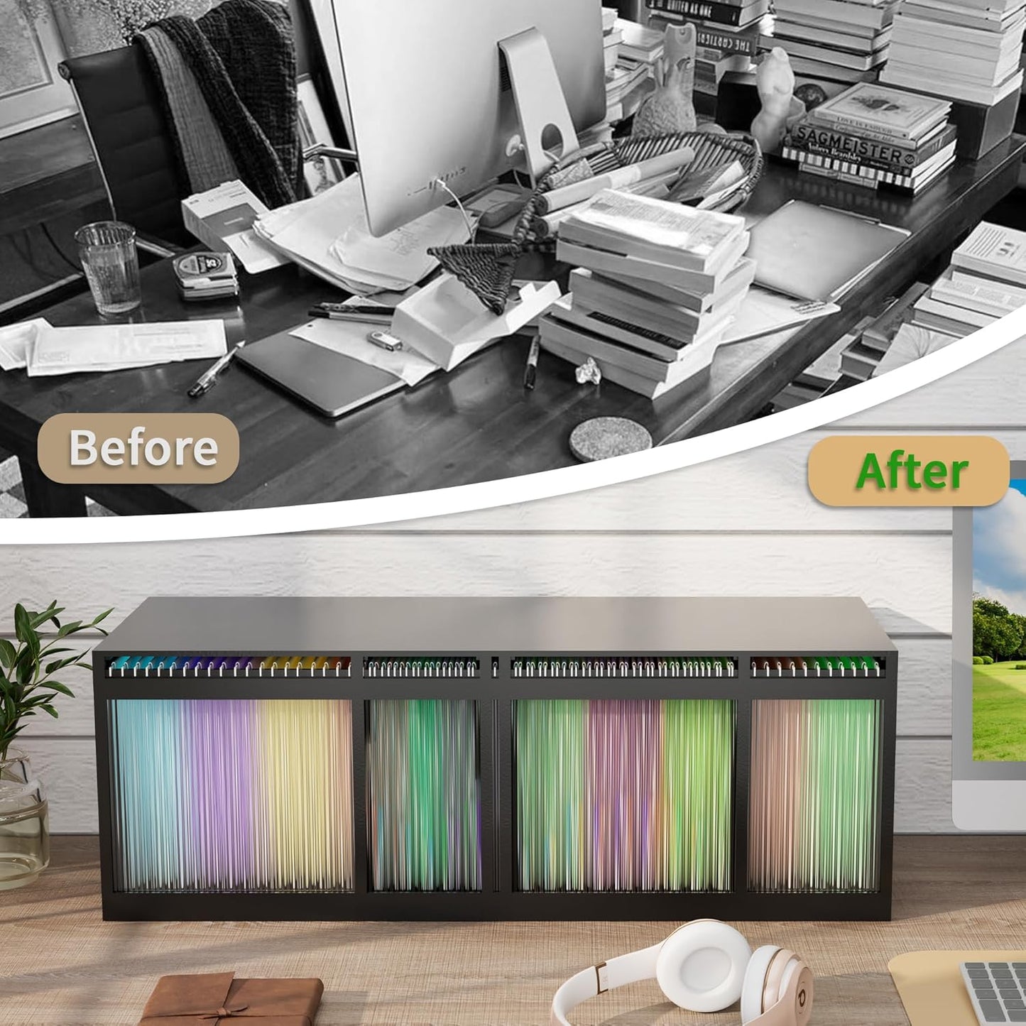 Bamboo Hanging File Boxes with Lids 2 Pack, File Organizer Box for Letter/Legal File, File Box with Hanging Folders Acrylic Light Easy Assembly File Storage Boxes for Home Office, Black