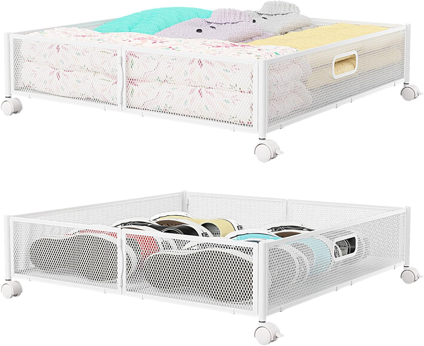 Under Bed Storage Containers with Wheels - Shoe Storage Organizer Drawer, Tool-free Assembly Metal Underbed Storage Containers for Bedroom Clothes, Shoes, Blankets - 2Pack