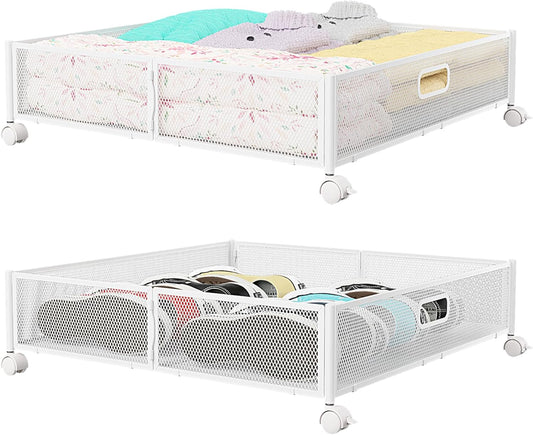 Under Bed Storage Containers with Wheels - Shoe Storage Organizer Drawer, Tool-free Assembly Metal Underbed Storage Containers for Bedroom Clothes, Shoes, Blankets - 2Pack
