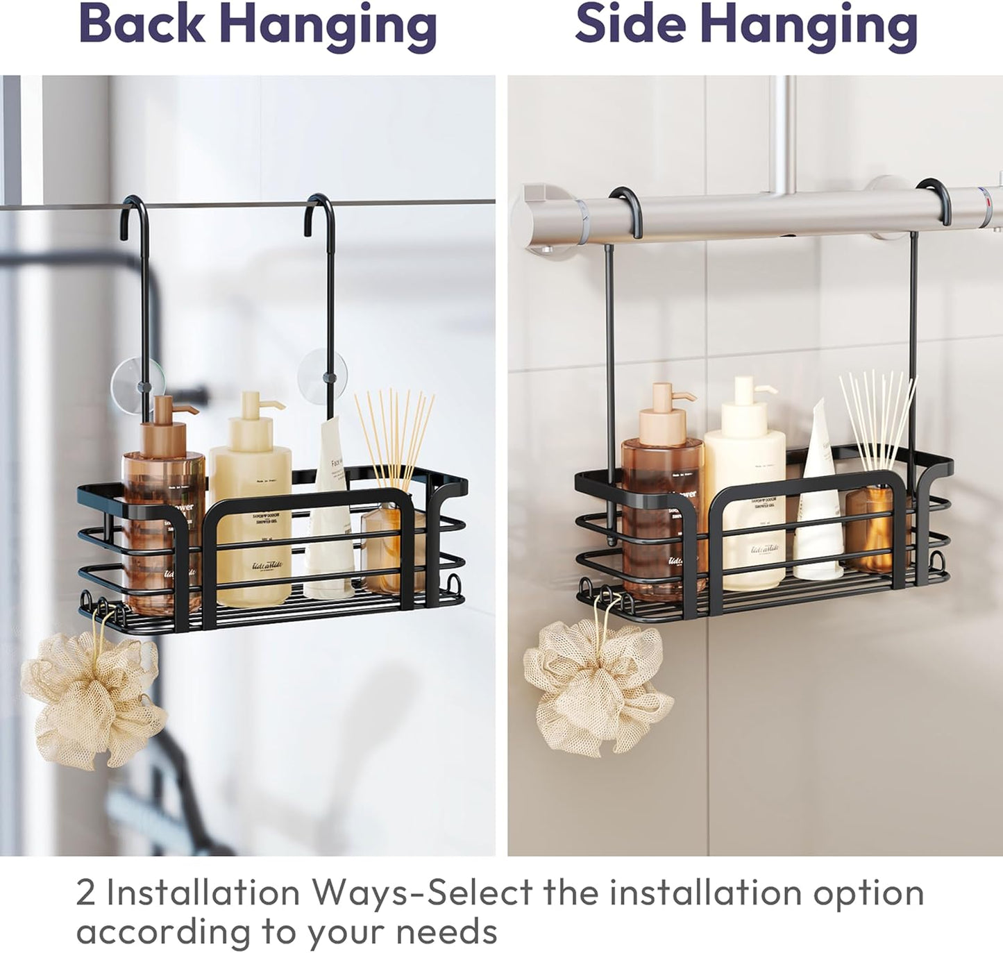 SWTYMIKI Shower Caddy Hanging Organizer - Over the Door Shower Caddy with 6 Hooks, 2 Installation Ways, Stainless Steel Rustproof Bathroom Organizer, Black