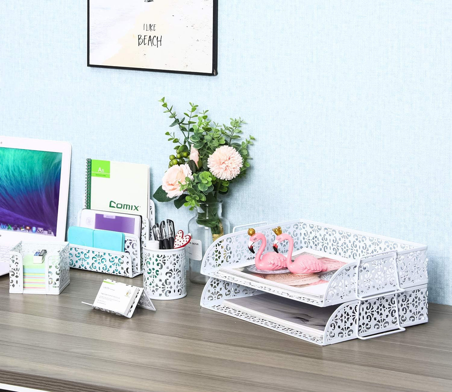 EasyPAG Desk Organizers and Accessories 5 Pieces Office Supplies Set - 2 Tier Paper Tray, Pencil Organizer for Desk, Mail Sorter Countertop, Business Card Holder and Sticky Note Holder, White