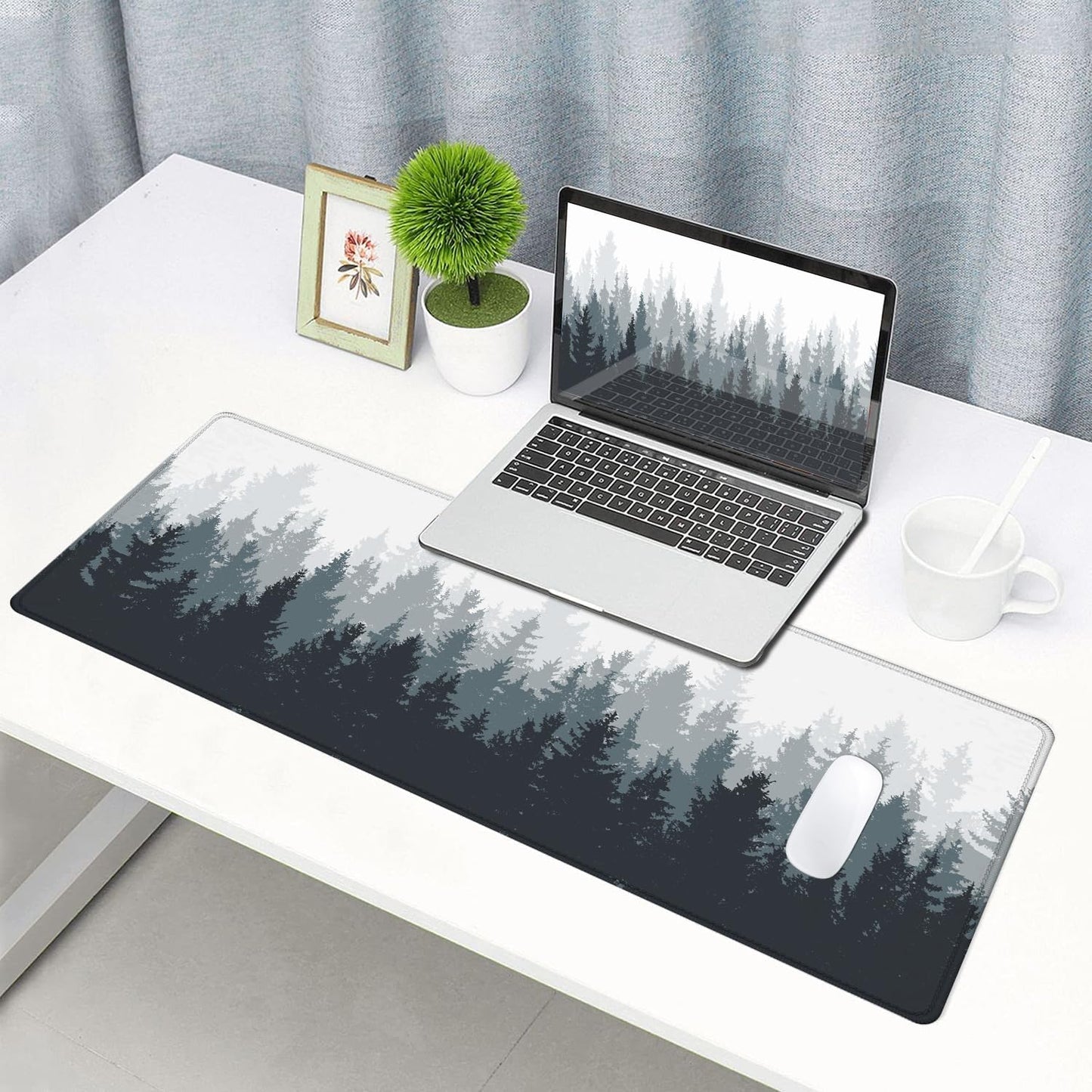 Gaming Mouse Pad Large, Keyboard Mouse Mat Desk Pad, Non-Slip Rubber Base with Stitched Edges Mousepad, 31.5X11.8 inch Misty Forest Tree