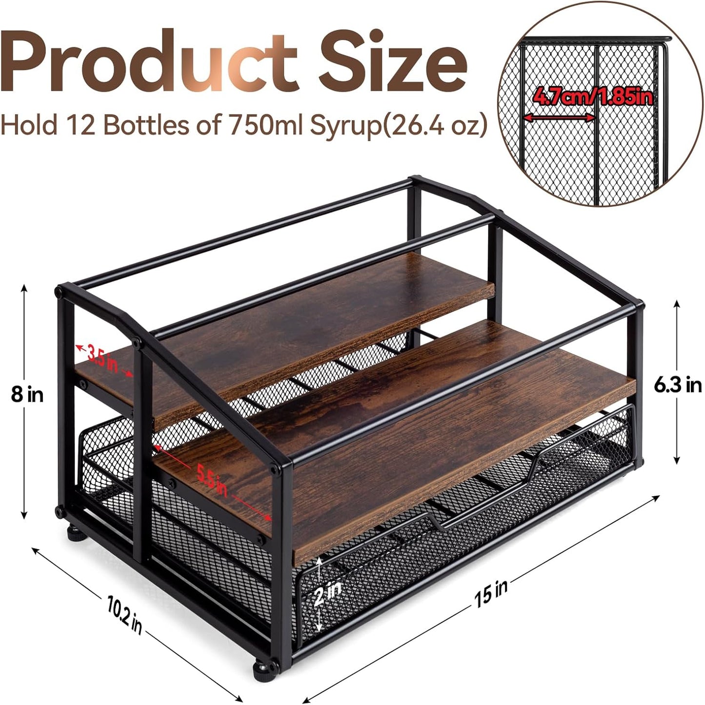 Coffee Syrup Rack Organizer, 3-Tier 8 Bottle Syrup Rack with 35 K Cup Drawer for Coffee Bar, Countertop Bottle Holder Stand for Dressing for Kitchen Cafe Station