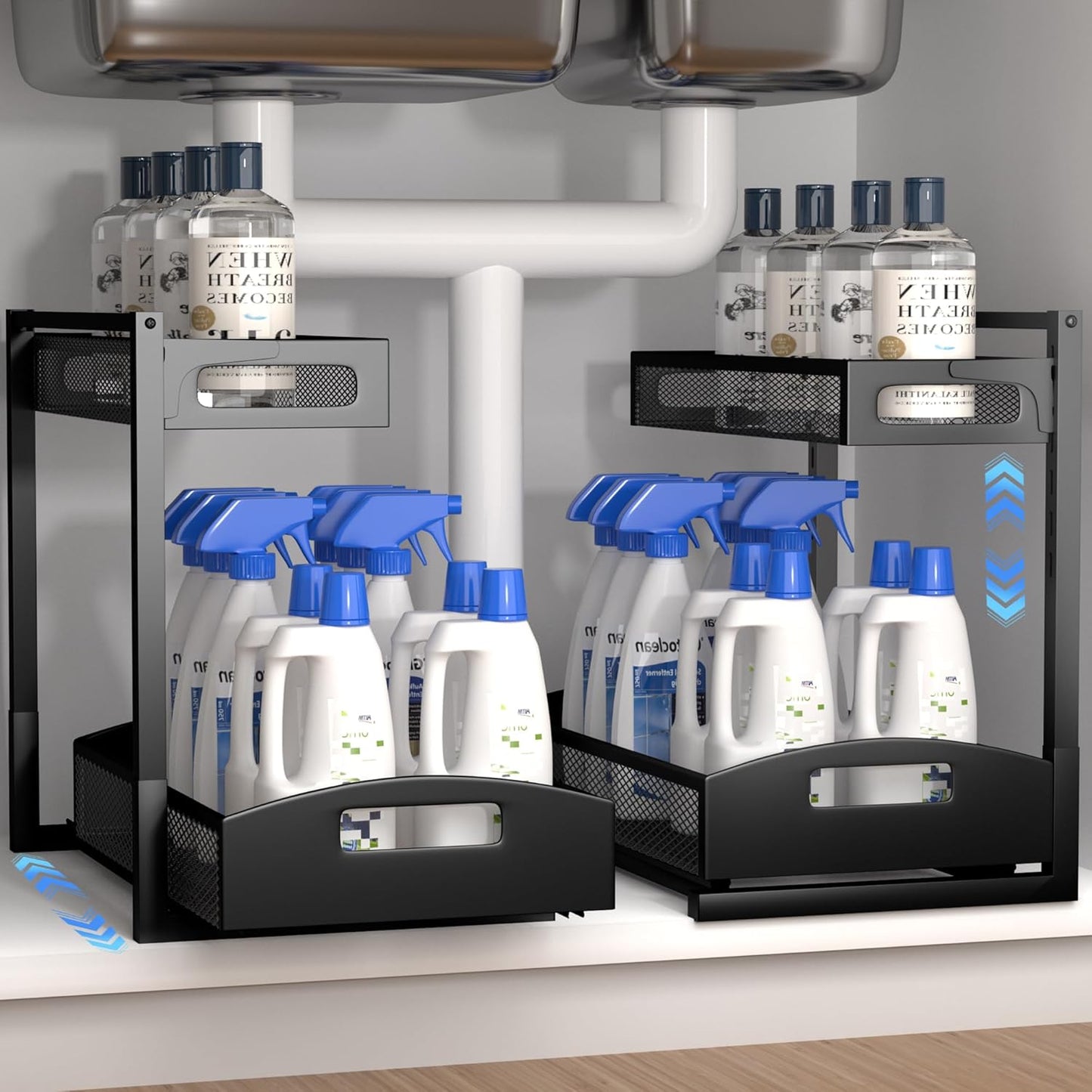 Under Sink Organizer,2 Pack Height Adjustable Under Sink Organizers and Storage, 2 Tier Under Sink Storage for Kitchen Bathroom Cabinet