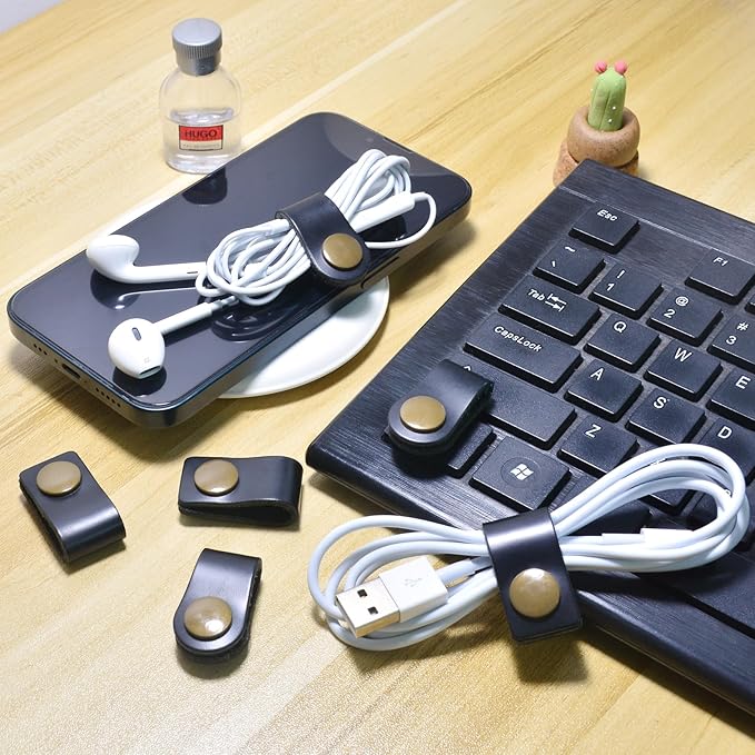 CAILLU Cord Organizer,Cord Keeper,Cable Organizer USB Holder,Cable Straps,Earbud case,wrap Headphone,Headset Winder,Earphone Clips Ties,stocking stuffers for men Gifts Leather