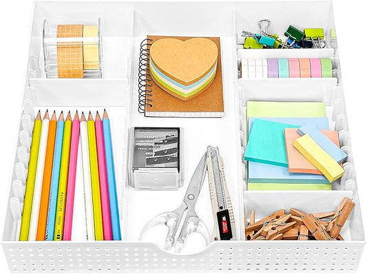 CAXXA 3 Slot Drawer Organizer with 4 Adjustable Dividers - Junk Drawer Storage for Makeup & Vanity, Office Desk Supplies and Accessories (WHITE, 1 PACK)