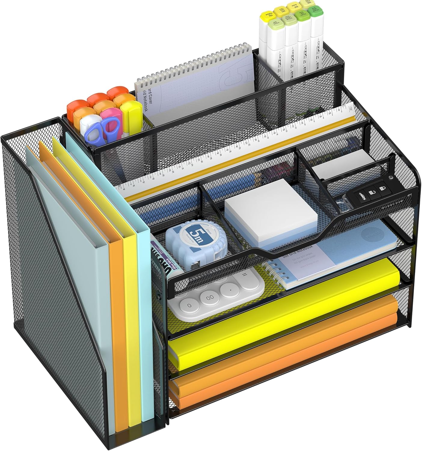 Docnest 4 Tier Mesh Desk Organizer with File Holder – Multi-Functional Paper Letter Tray with 5 Adjustable Compartments, 3 Pen Holders, Desktop Storage for Files, Mail, Stationery – Black