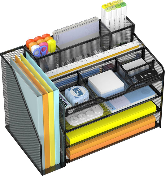 Docnest 4 Tier Mesh Desk Organizer with File Holder – Multi-Functional Paper Letter Tray with 5 Adjustable Compartments, 3 Pen Holders, Desktop Storage for Files, Mail, Stationery – Black