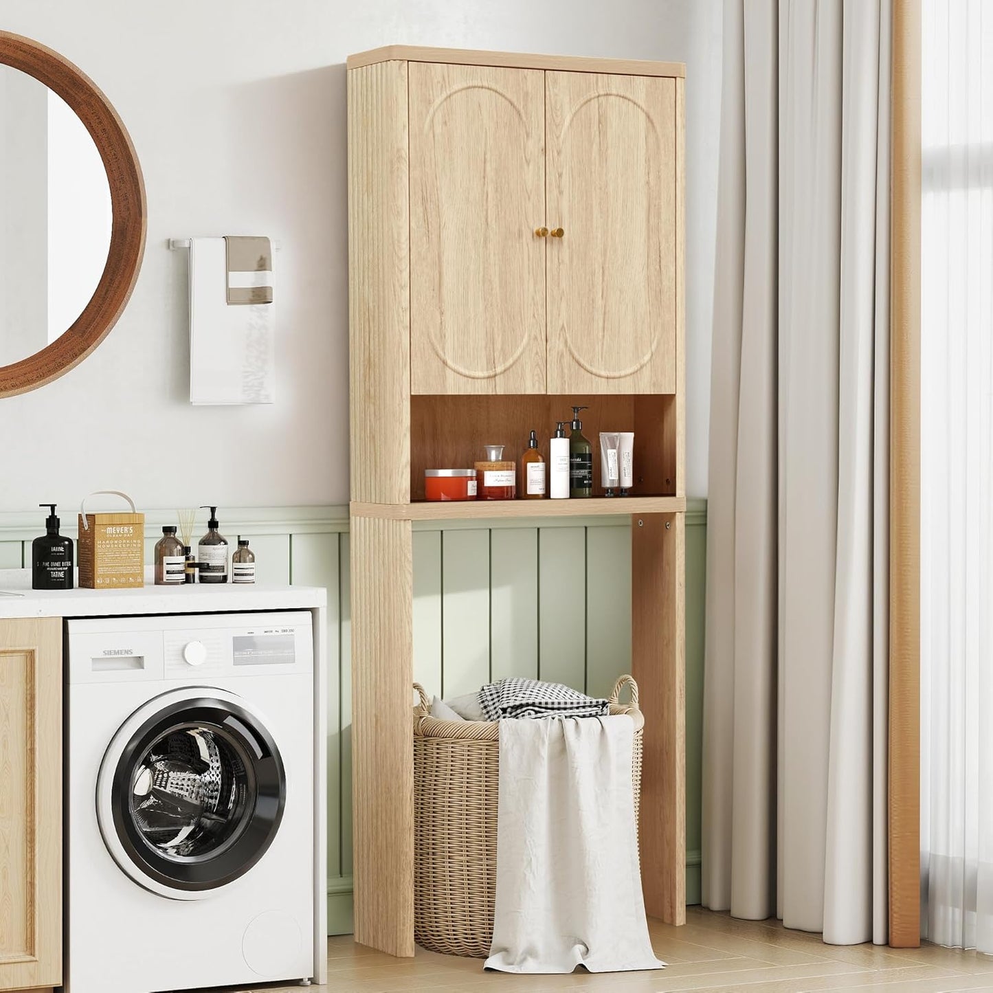 Fluted Over The Toilet Storage Cabinet, Bathroom Toilet Storage Cabinet with Door, Wood Curved Over The Toilet Space Saver Cabinets for Restroom Bathroom, Natural