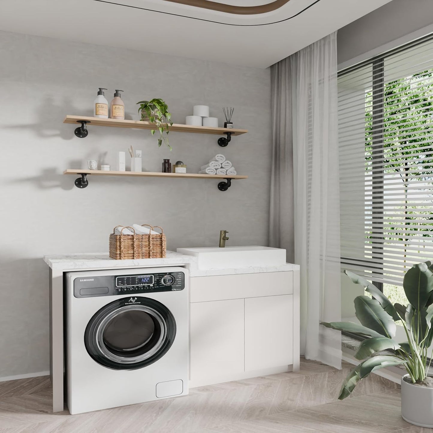 IEO Industrial Pipe Shelving Shelf,Pipe Wall Shelves Wood Shelf,Kitchen Shelves Shelving, 48 Inches Wood Long Floating Shelves for Wall Farmhouse Pipe Book Shelves Natural for Kitchen,Living Room