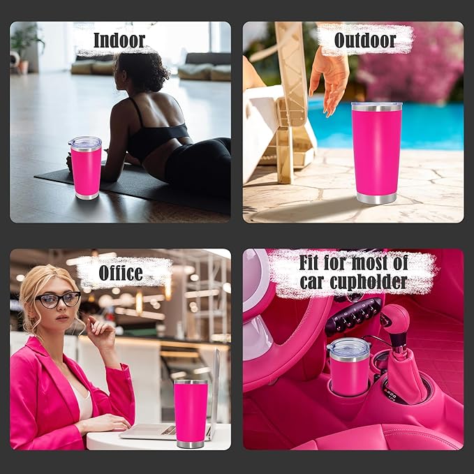 20 oz Tumbler Coffee Travel Tumblers Bulk with Lid Stainless Steel Double Wall Vacuum Insulated Mug Powder Coated Cups fit Car Cupholder for Hot and Cold - Hot Pink, 1Pack