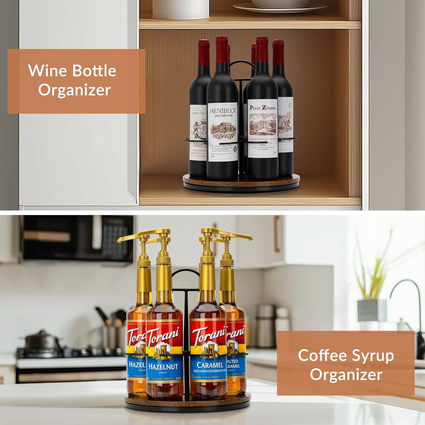 Rotating Coffee Syrup Organizer Hold 6 Bottles, Wood Coffee Syrup Rack for Countertop, Large Bottle Holder Stand for Bar Station, Turntable Wine Display Tray (Black - 6 Bottles)