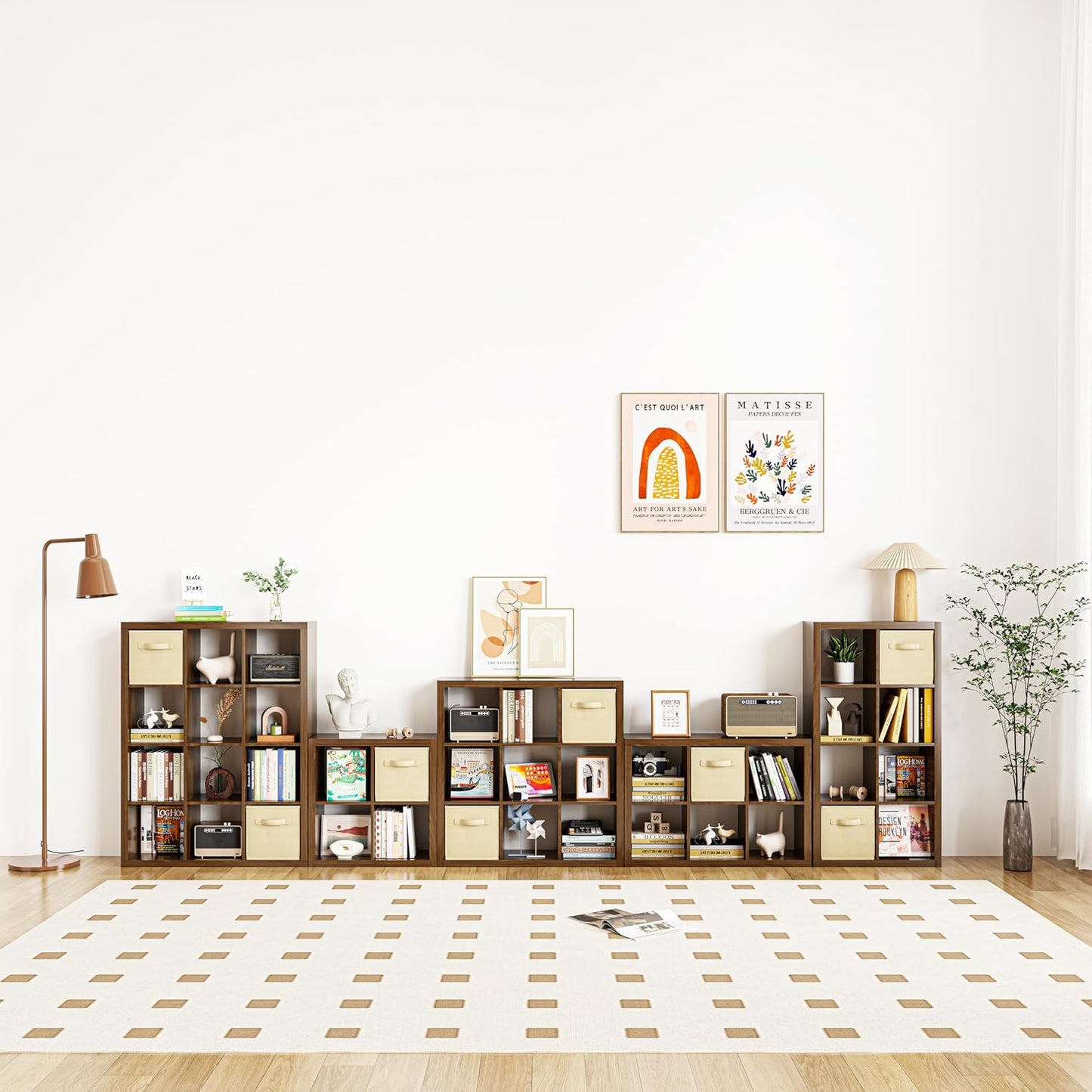 Bookshelf with Storage Bins, 9-Cube Storage Organizer Sturdy Wooden Bookcase Open Book Shelf, Multifunctional Cubicle Rack for Storage & Display, Furniture for Living Room Bedroom Office, Classic Oak