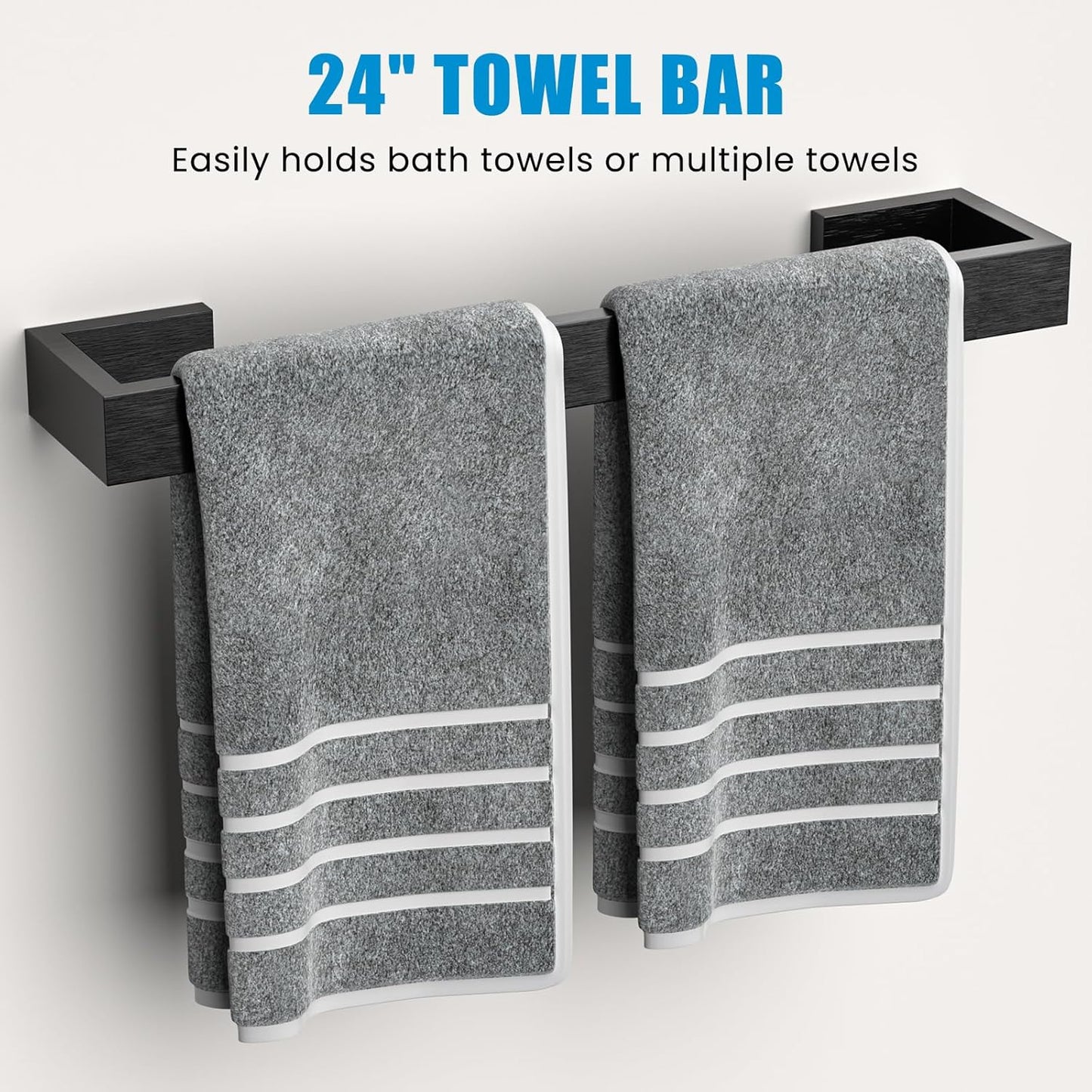 4 Pcs SUS304 Stainless Steel Bathroom Accessories Set, 24" Towel Bar, Towel Holder, Toilet Paper Holder, Robe Hook, Minimalist Design for All Styles Bathrooms (Brushed Black)