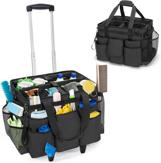 LoDrid Rolling Cleaning Bag with Detachable Trolley, Portable Cleaning Cart on Wheels for Supplies, Professional Caddy with Shoulder Strap for Housekeepers, Black (Patent Design)