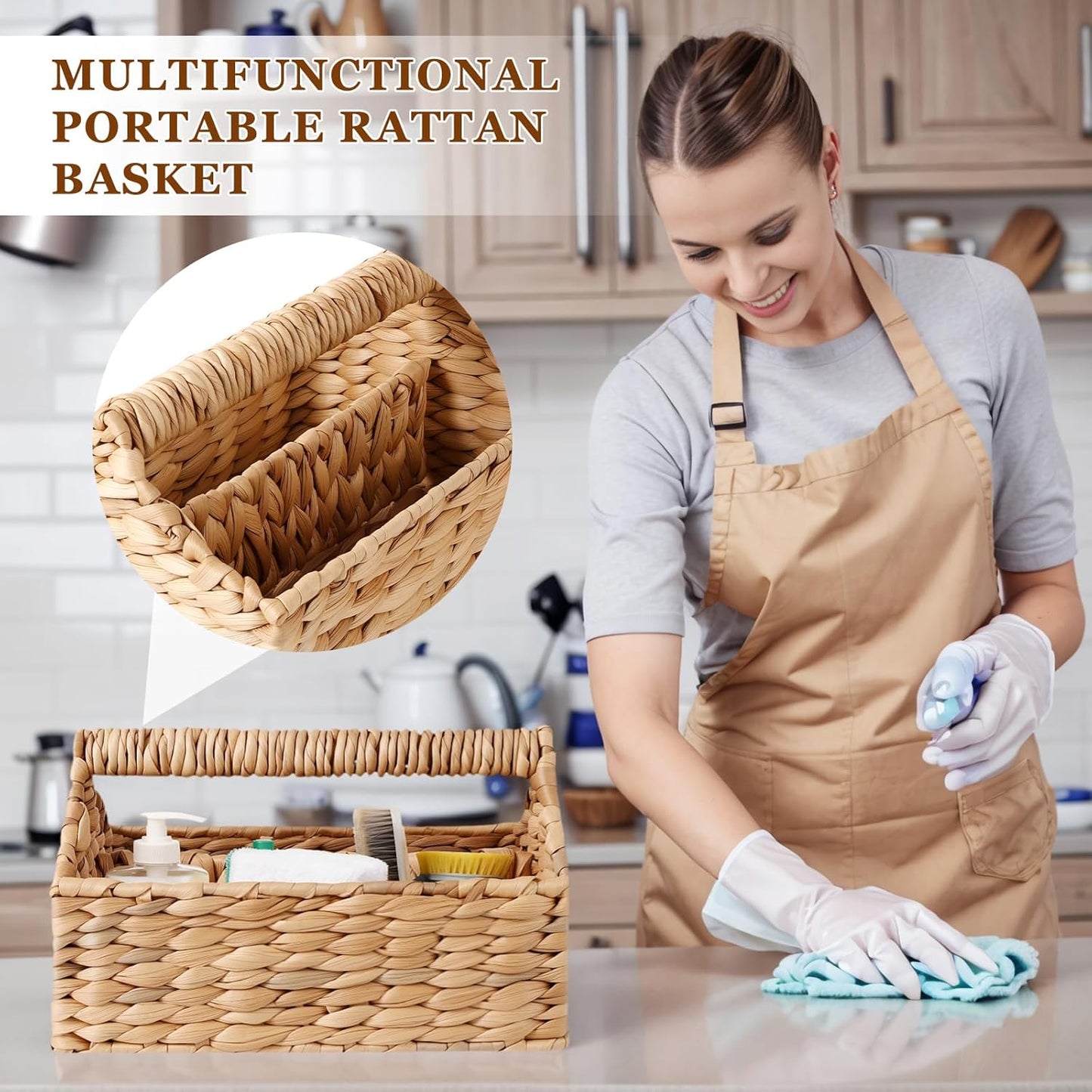 Portable Shower Caddy with Handle Rattan Woven Cleaning Caddy Organizer Water Hyacinth Shower Basket for Bathroom Kitchen Bedroom Storage, Dorm Room Essentials