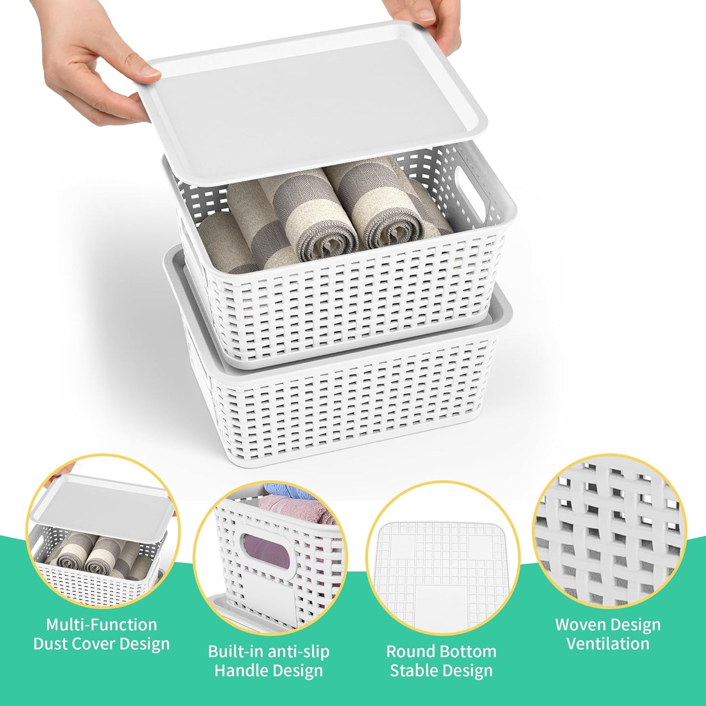 8-Pack White Plastic Storage Baskets with Lids, Label Organizers, Stackable Organizer Containers: For Organizing Shelves, Drawers, Desk Closets, Playrooms, Classrooms, Offices