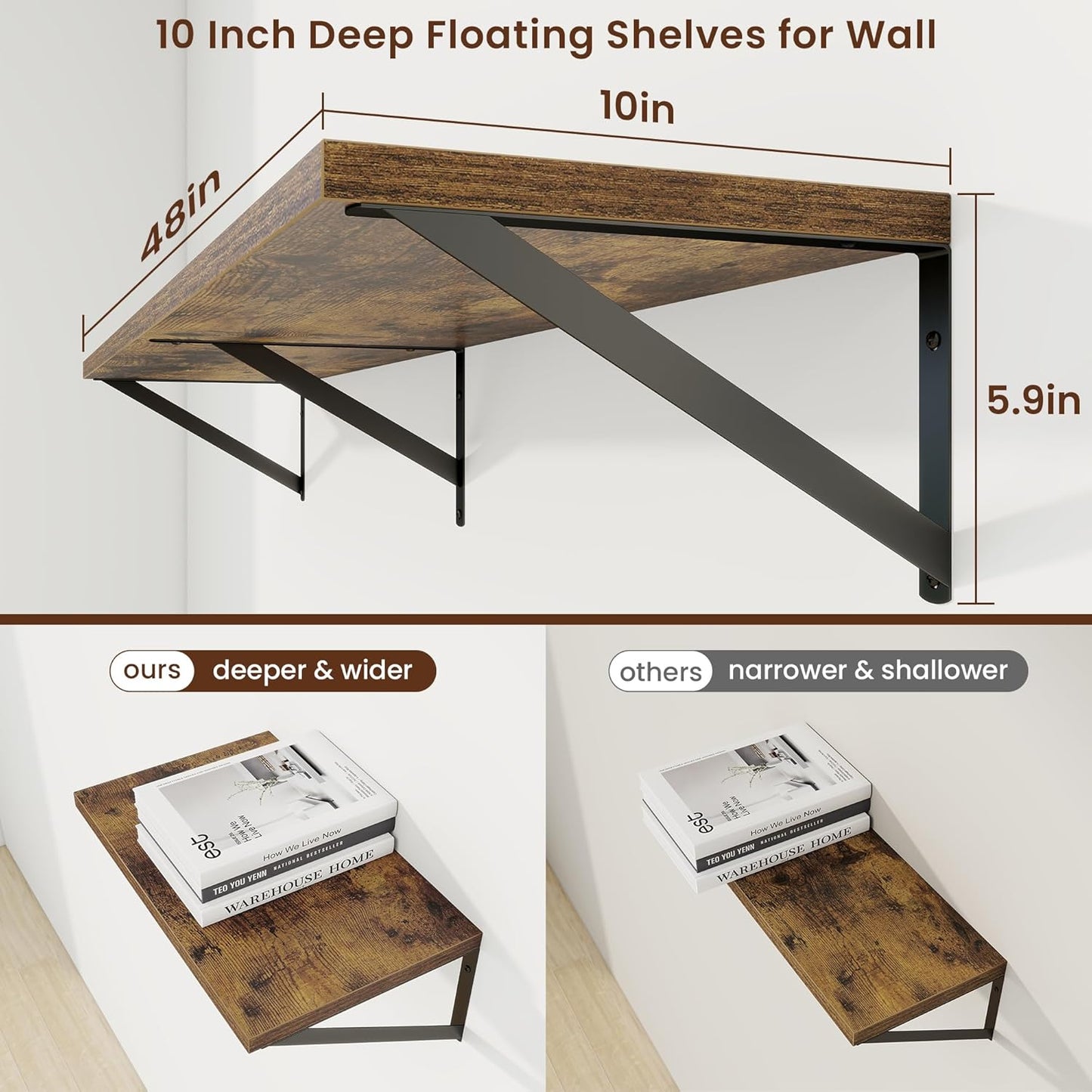 Axeman Deep Floating Shelves for Wall - 48 Inch Wide x 10 Inch Deep Floating Shelves Set of 2 -Rustic Wide Wall Shelves for Living Room Bathroom Bedroom