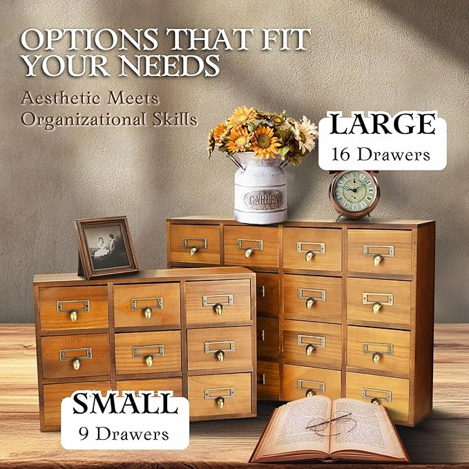 Flexzion Apothecary Cabinet with Drawers - 16 Vintage Apothecary Drawers Desktop Organizer for Home & Office - Wooden Tabletop Library Card Catalog Cabinet Storage for Jewelry, Makeup & Tools, Brown