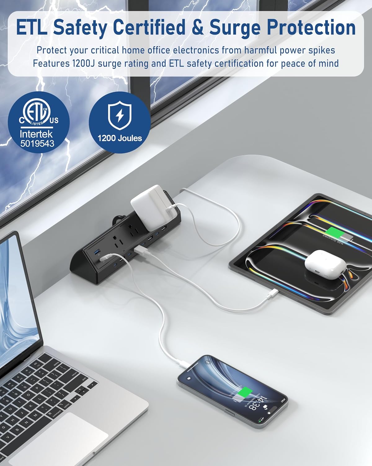 Jgstkcity 130W Desk Clamp Power Strip, 12 USB Ports (6 PD 65W USB-C),Surge Protector,ETL Listed Power Hub Extension Cord,Fast Charging Station for Home Office Desk Edge Mount (Black, 12 USB-130W)