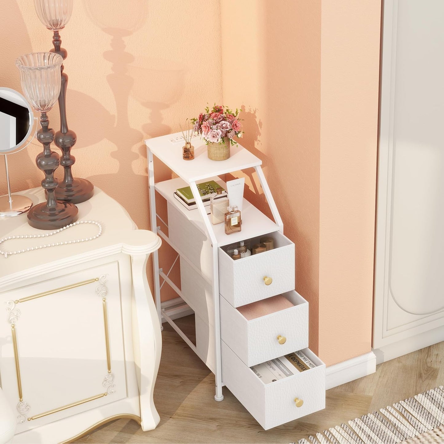 Tohomeor Narrow Dresser Tall Skinny Storage Tower Vertical Slim Chest of Drawers with Charging Station Small Nightstand Side Table for Bedroom, Bathroom, Small Spaces (White, 3 Drawers)