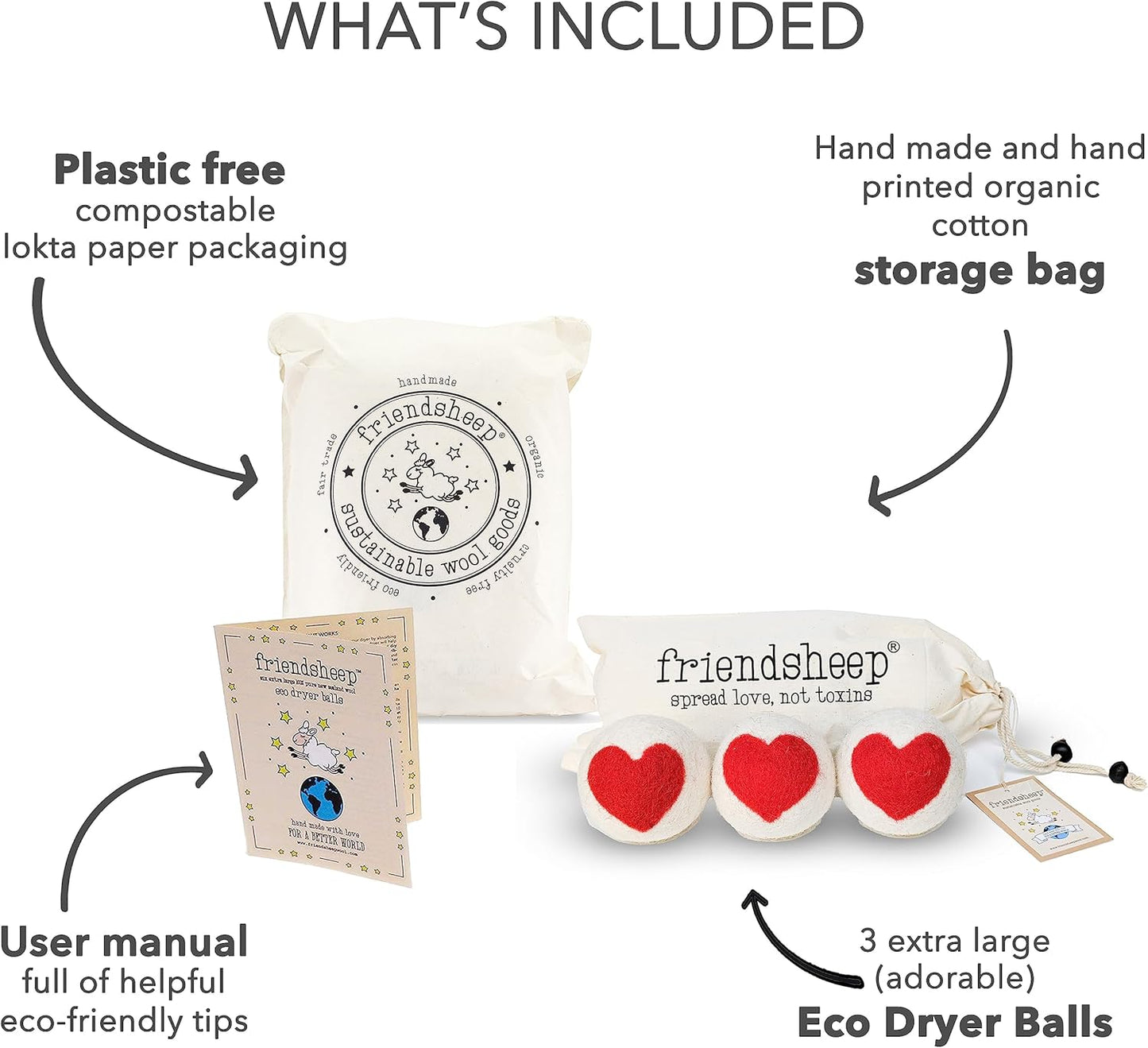 Friendsheep Wool Dryer Balls, Organic Reusable Fabric Softener Alternative for Laundry, Handmade, Fair Trade, Hypoallergenic, Eco-Friendly, Plastic-Free (3 Pack XL – Red Heart )