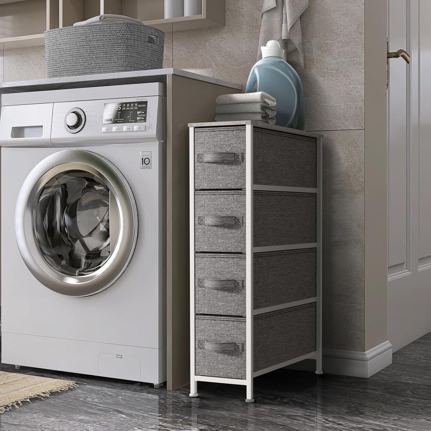 Sorbus Narrow Dresser with 4 Drawers - Vertical Slim Storage Chest of Drawers with Steel Frame, Wood Top & Easy Pull Fabric Bins for Small Spaces, Closets, Bedroom, Bathroom & Laundry (Gray)