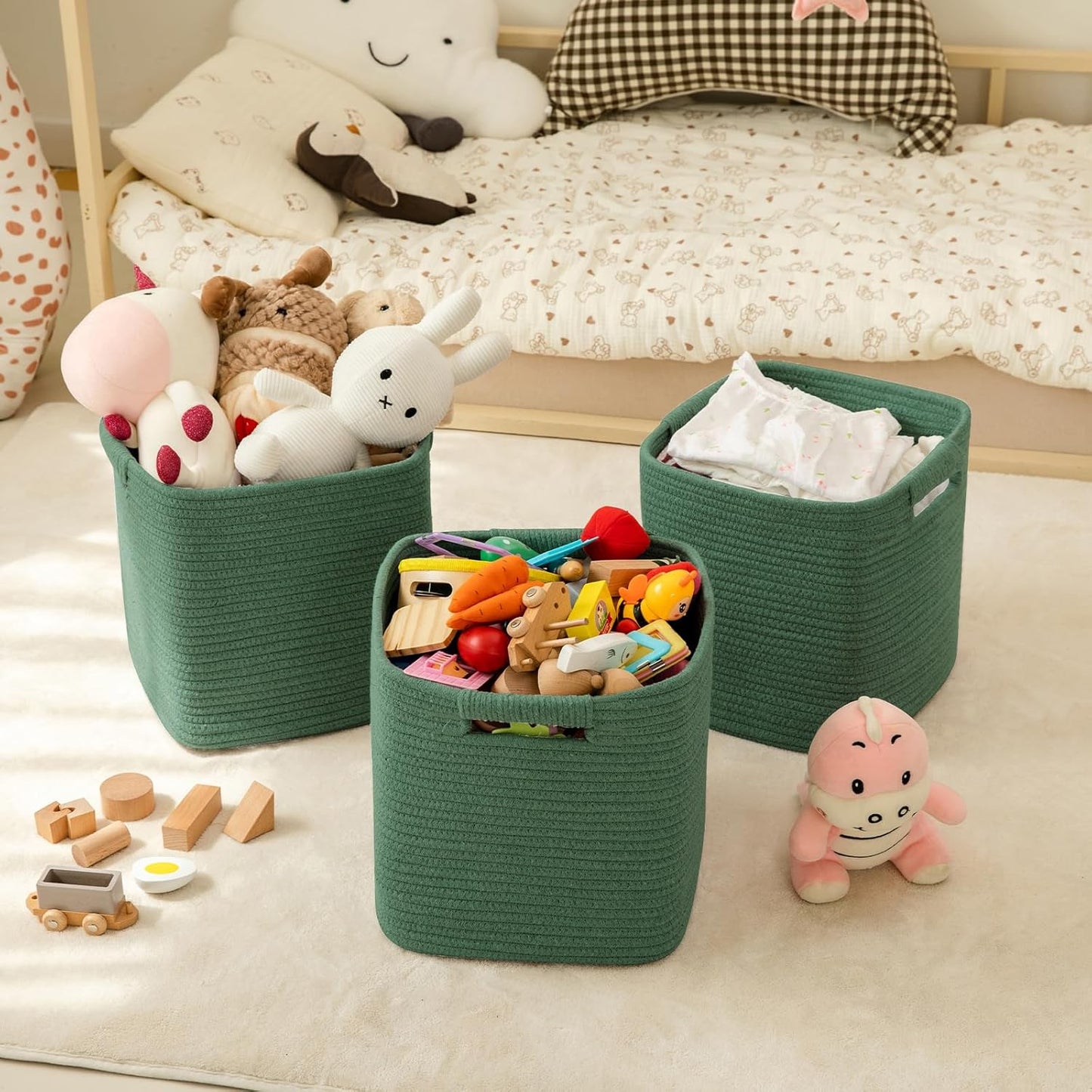 OIAHOMY Storage Cubes 11 Inch Storage Bins-3 Pack, Cotton Rope Woven Baskets for Organizing, Square Baskets for Shelves Organizer, Classroom, Toy Basket, Green