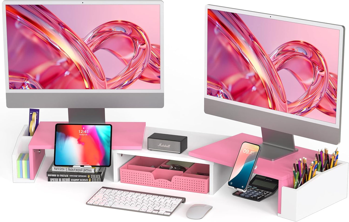 Simple Houseware Desk Dual Monitor Stand Riser with Drawer, Pink