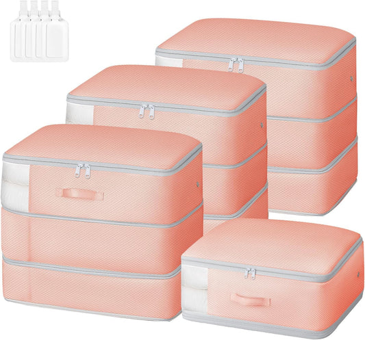 Comforter Storage Bag - Large Capacity Blanket Storage Bags 3-Layer Ultra Space Saving Self Compression Organizer, Washable Compression Bags for Storage Comforter Blanket, 4-Pack, Pink