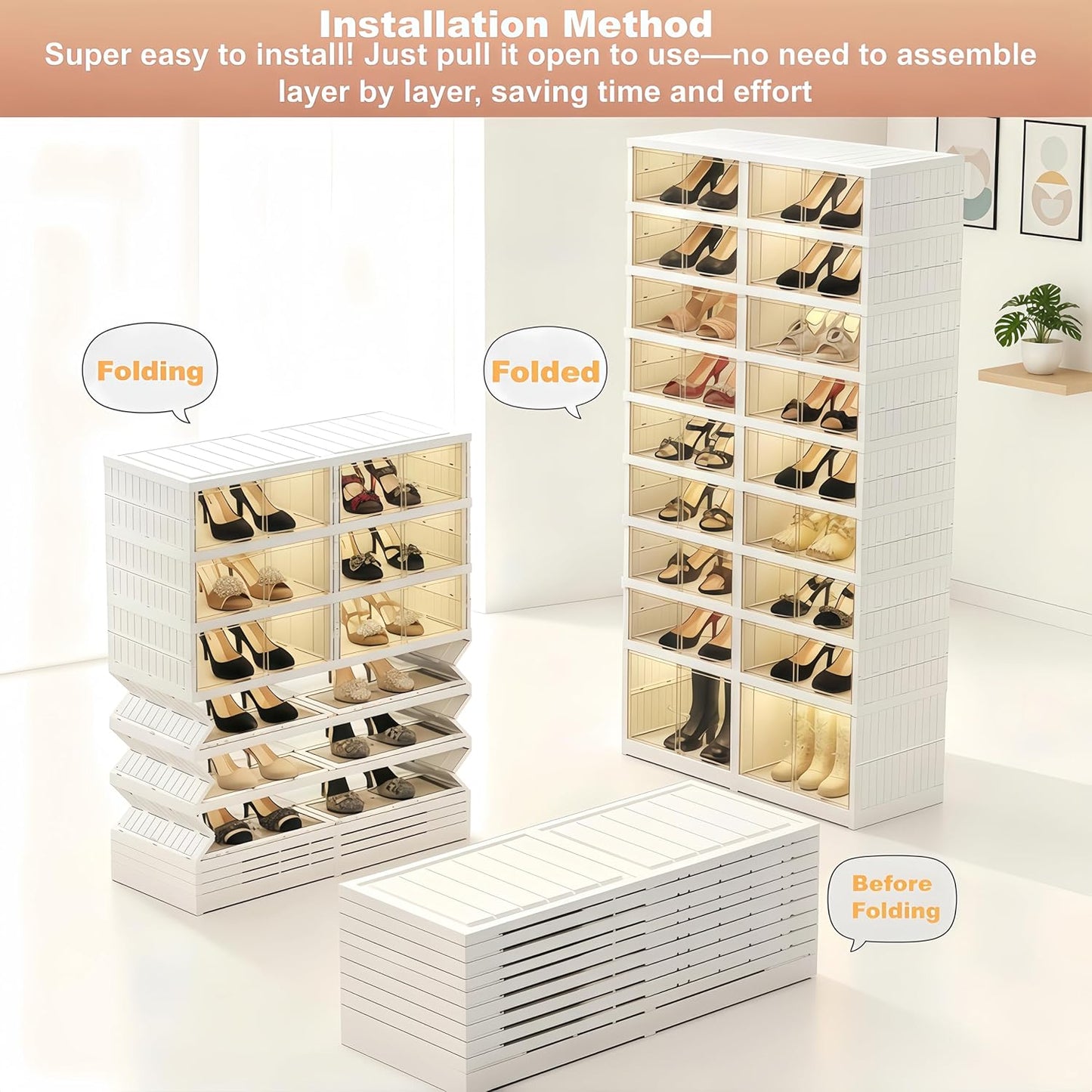 Elayce Foldable Shoe Rack Organizer, 9-Tier (8+1 Tall) Double-Row Shoe Cabinet, Installation-Free Stackable Shoe Storage Boxes with Clear Magnetic Doors for Entryway & Closet (White)