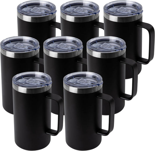 DOMICARE 24oz Mug with Handle and Lid, Stainless Steel Coffee Mug, Travel Mug with Handle, Double Wall Vacuum Coffee Tumbler, Reusable Insulated Cup, Black, Pack 8