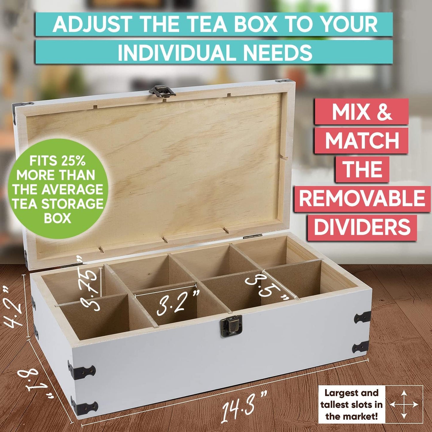 White Wooden Tea Box Storage Chest Box Big Pine Wood Kitchen Organizer Large, Tall, Adjustable