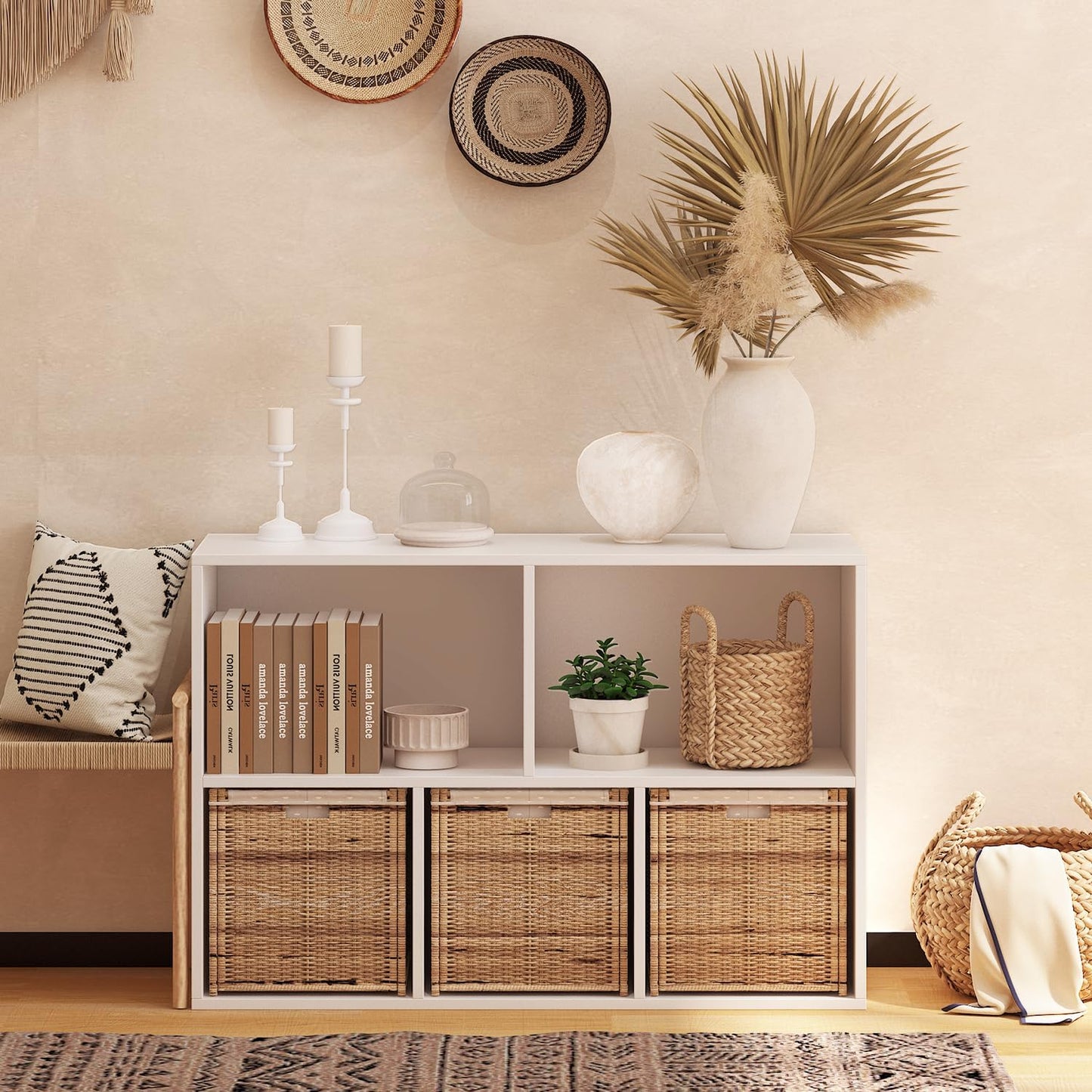 Wooden 5 Cube Storage Organizer with Closed Back Panel,White Cube Shelf Heavy Duty Cubby Storage Organizers with Compartments for Living,Display Shelf,Bookshelf,Storage Furniture