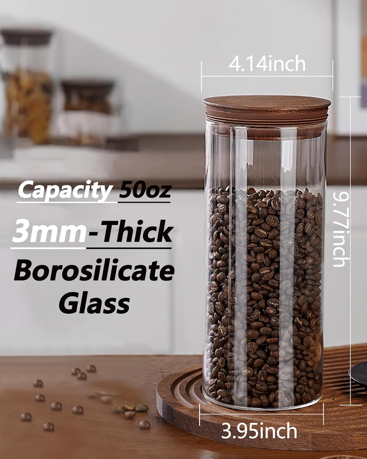 2PCS of 50floz Round Coffee Canister with Wooden Lids, Airtight Glass Coffee Jars for Ground Coffee, Coffee Beans Storage Container